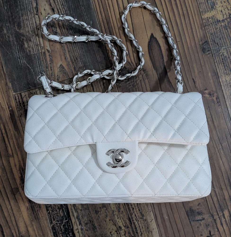White Quilted Shoulder Bag with Silver Chain